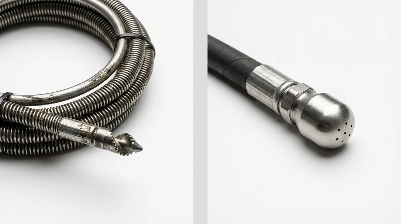 Drain snake cable and hydro jetting nozzle used for drain cleaning in Charlotte, TX