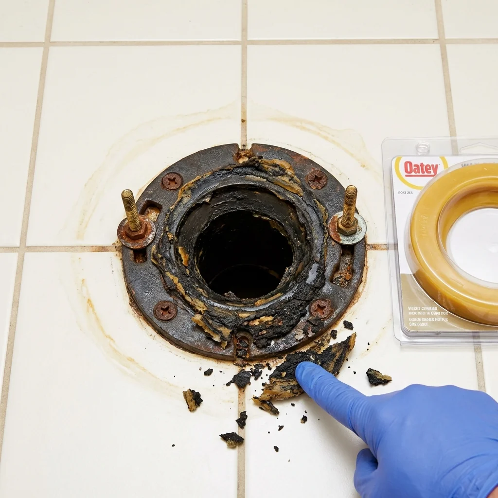 Failed wax ring showing water seepage at the base of a toilet in a Charlotte, TX home