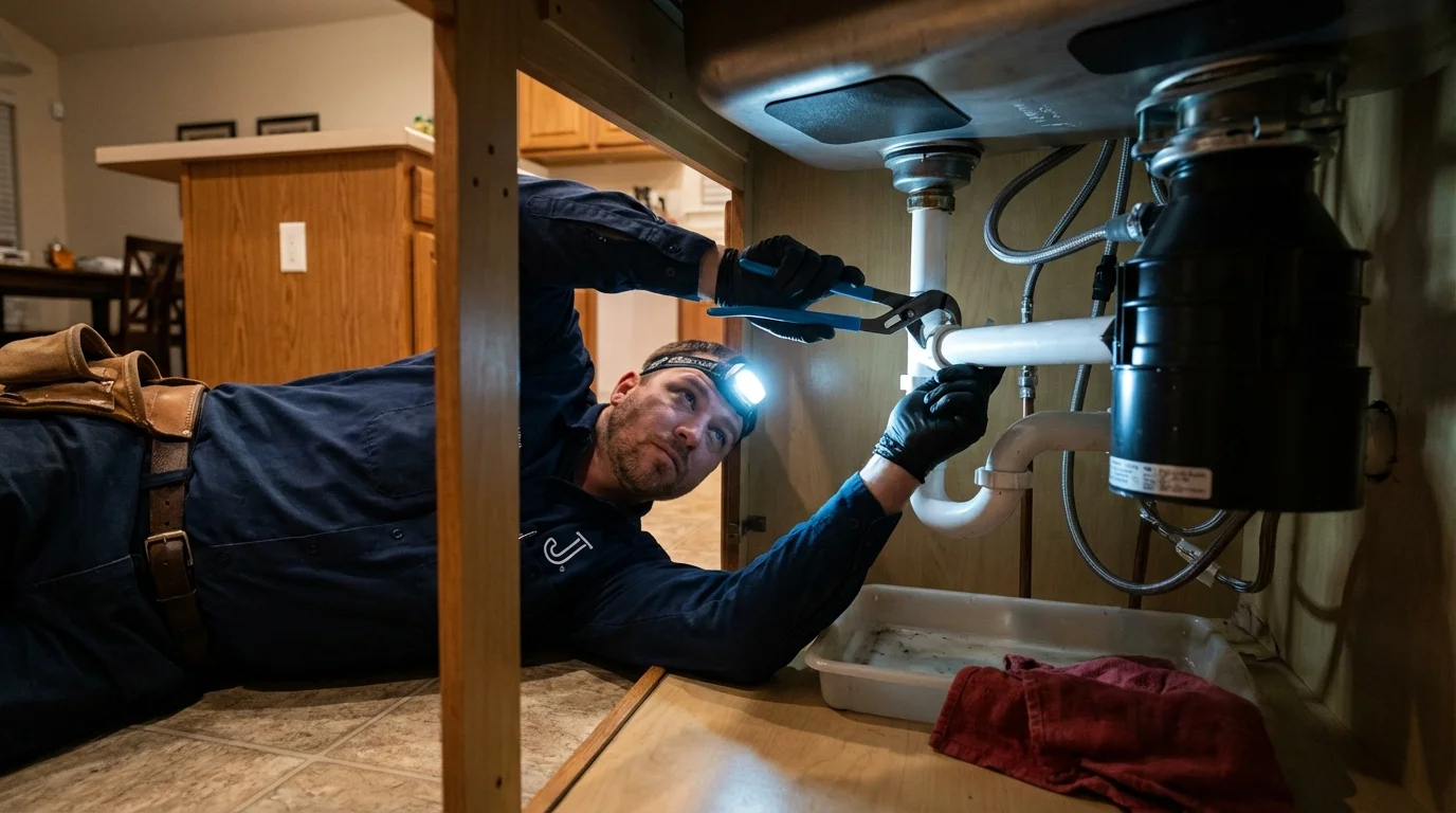 P-trap and supply line connections under a kitchen sink showing a common leak point in Charlotte, TX